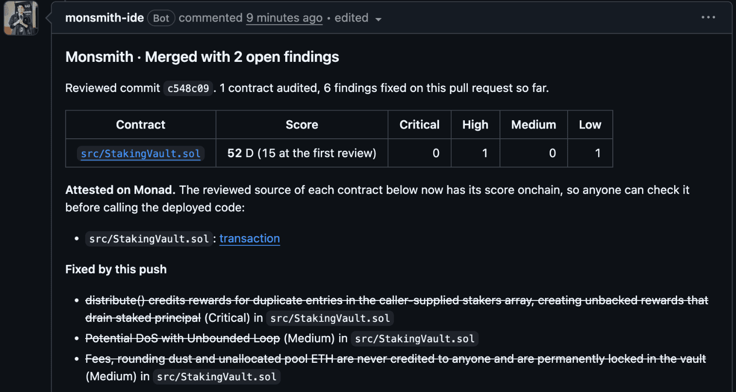 Monsmith's comment on the demo pull request: score 52, up from 15 at the first review, attested on Monad, with the findings each push fixed struck through.